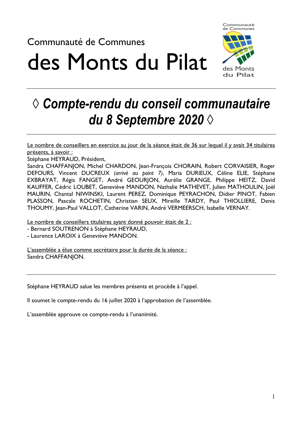 Conseil Communautaire Du 8 Septembre 2020 ◊