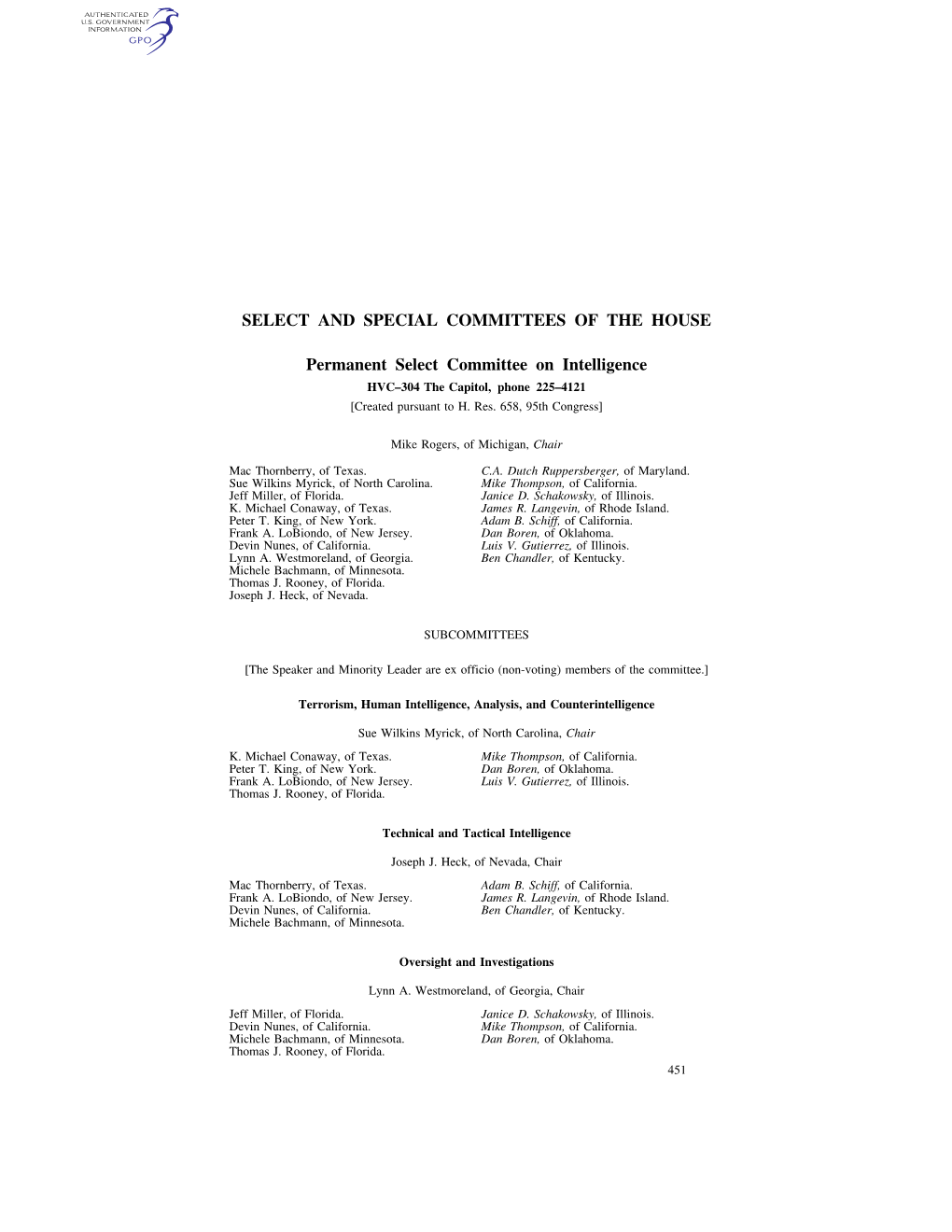 Select and Special Committees of the House