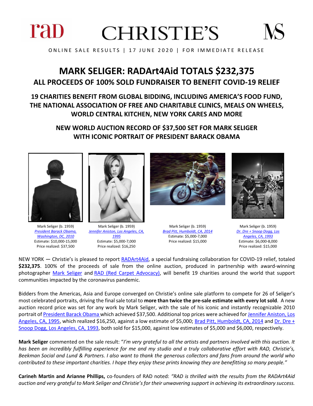 MARK SELIGER: Radart4aid TOTALS $232,375 ALL PROCEEDS of 100% SOLD FUNDRAISER to BENEFIT COVID-19 RELIEF