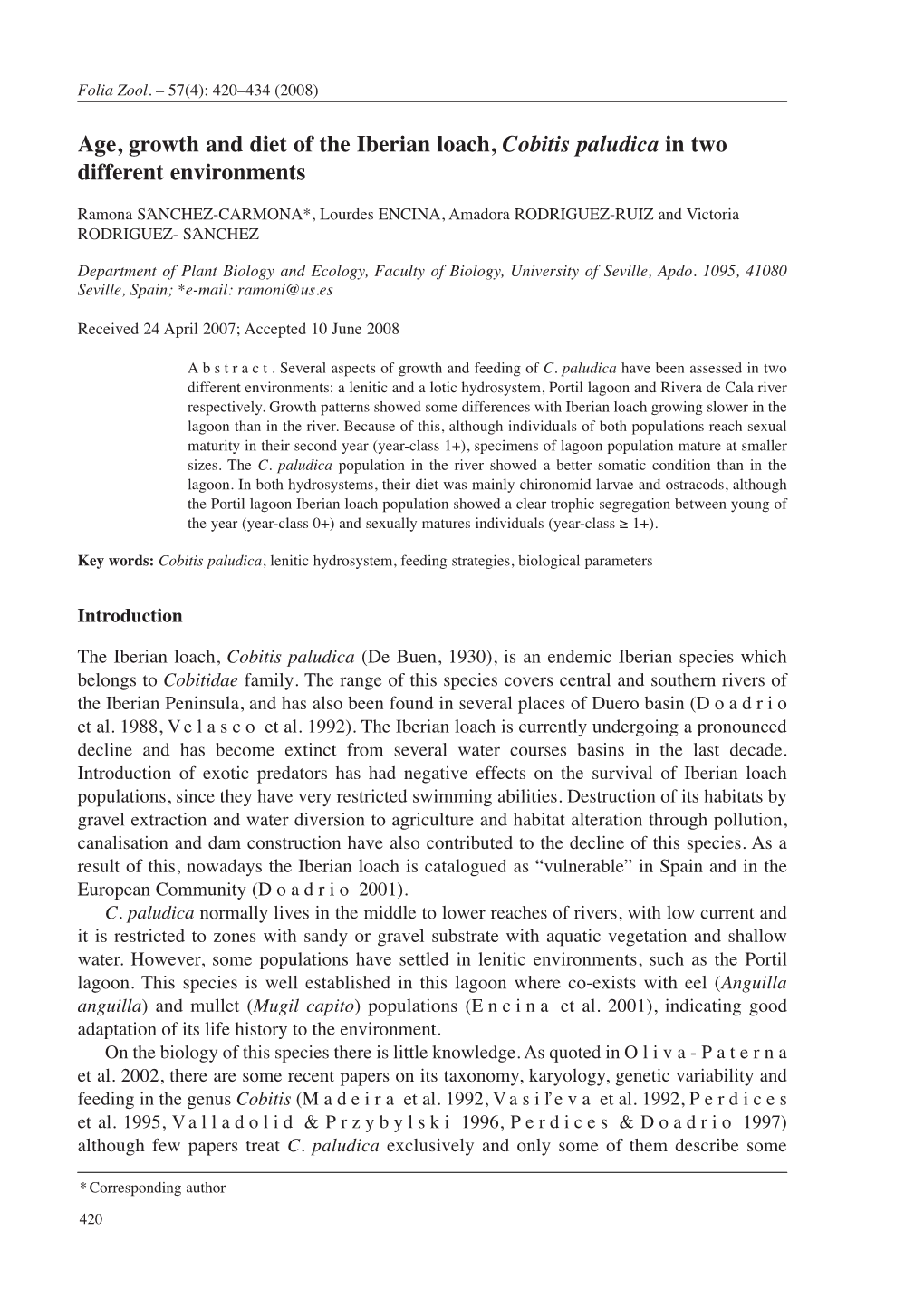 Age, Growth and Diet of the Iberian Loach, Cobitis Paludica in Two Different Environments