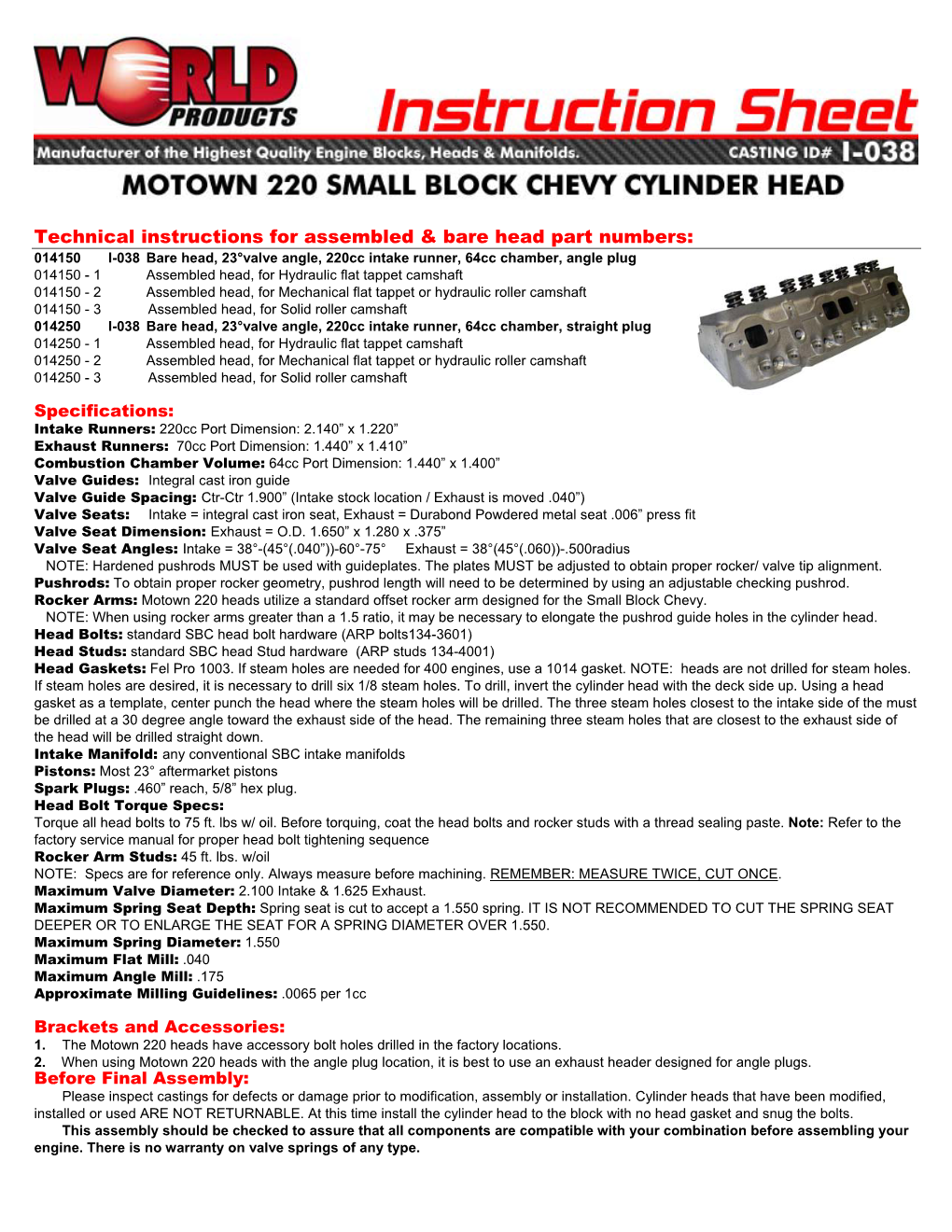 Technical Instructions for Assembled & Bare Head Part Numbers