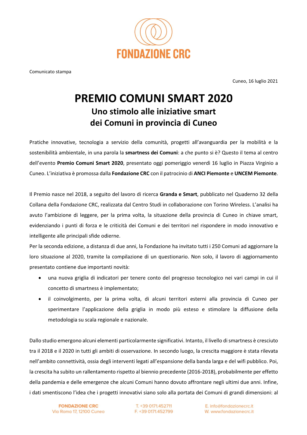 PREMIO COMUNI SMART 2020 Uno Stimolo Alle Iniziative Smart Dei Comuni in Provincia Di Cuneo