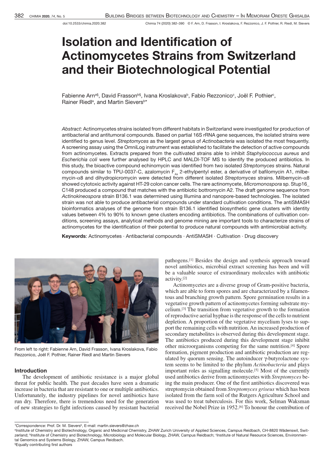 Isolation and Identification of Actinomycetes Strains from Switzerland and Their Biotechnological Potential