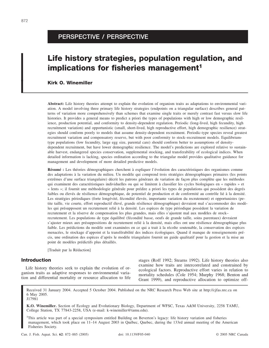 Life History Strategies, Population Regulation, and Implications for Fisheries Management1