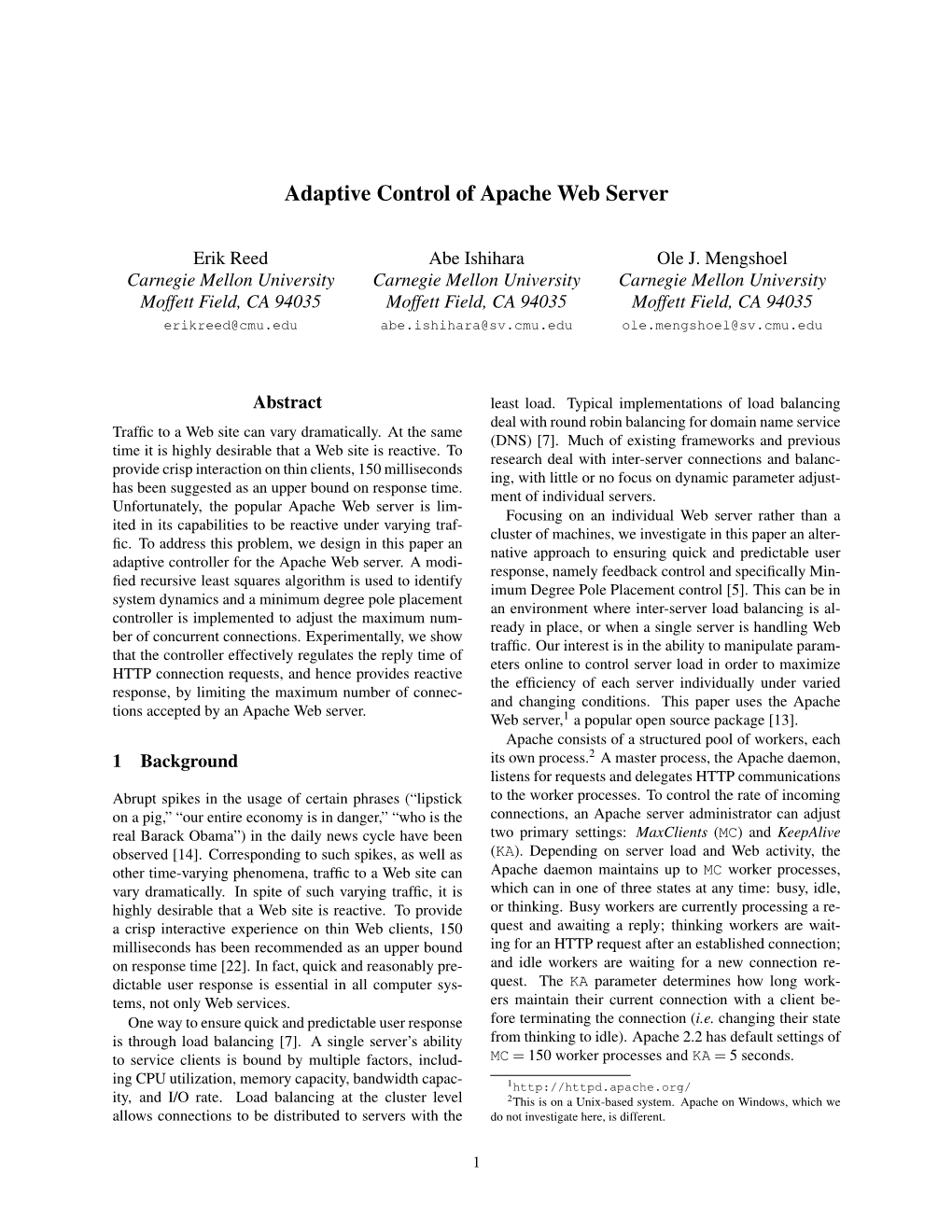 Adaptive Control of Apache Web Server