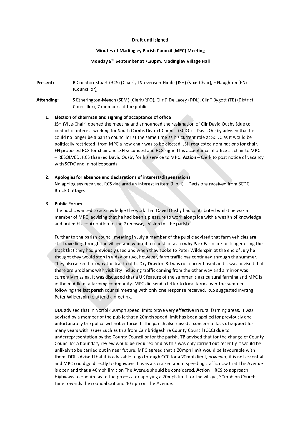 Draft Until Signed Minutes of Madingley Parish Council (MPC