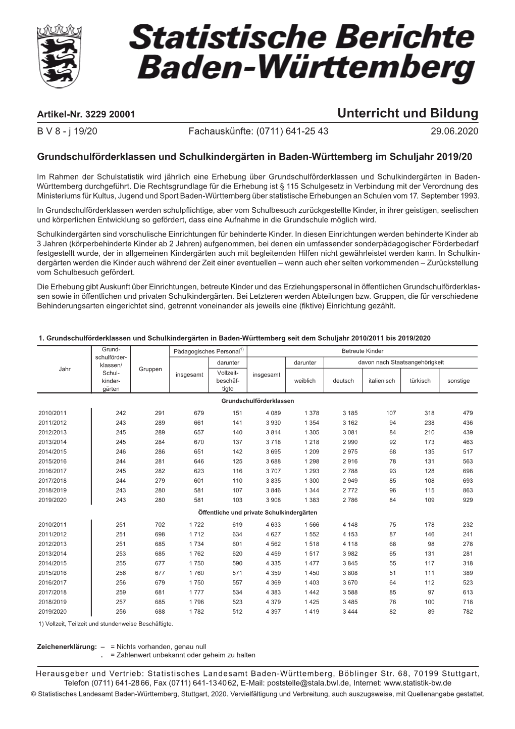 Grundschulförderklassen Und Schulkindergärten in Baden-Württemberg Im Schuljahr 2019/20