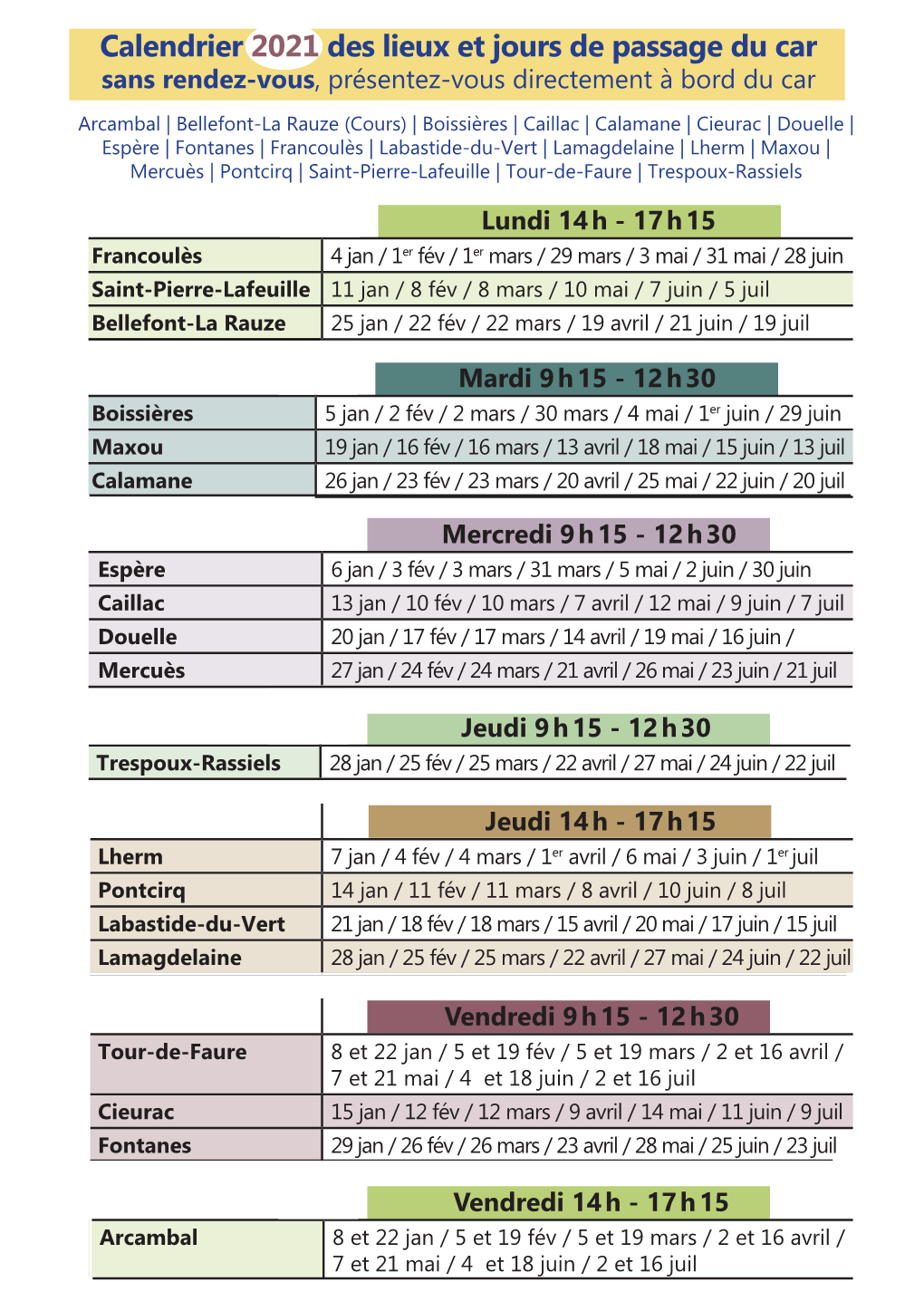 Calendrier 2021 Des Lieux Et Jours De Passage Du