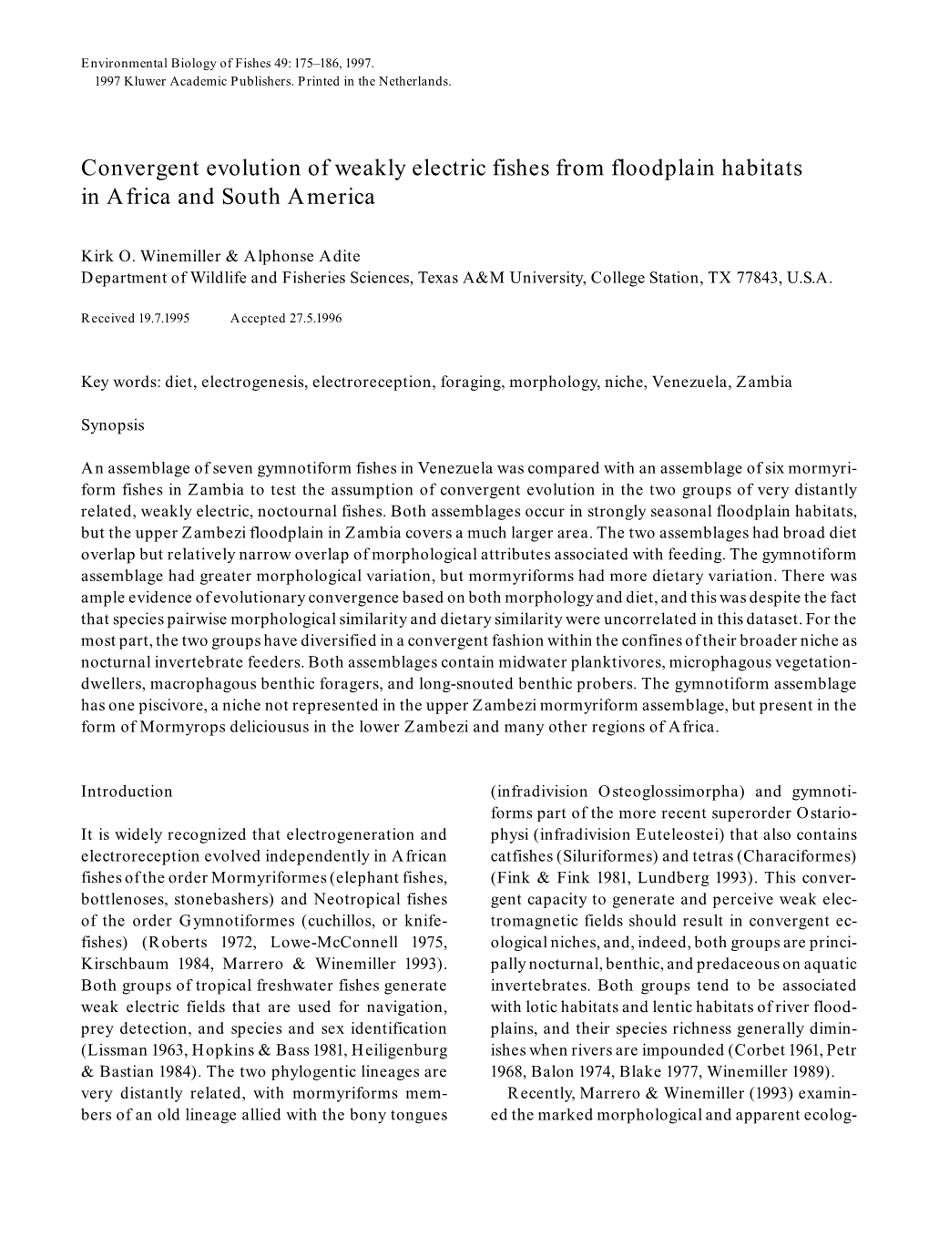 Convergent Evolution of Weakly Electric Fishes from Floodplain Habitats in Africa and South America