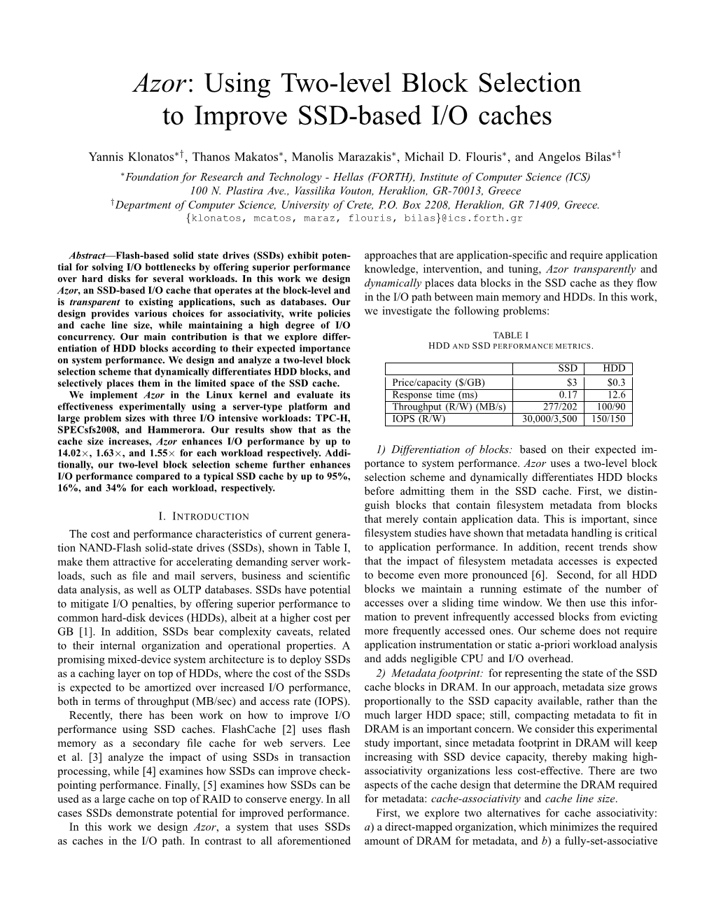 Azor: Using Two-Level Block Selection to Improve SSD-Based I/O Caches