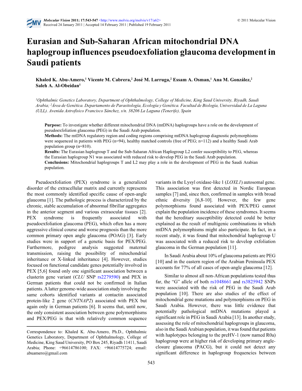 Eurasian and Sub-Saharan African Mitochondrial DNA Haplogroup Influences Pseudoexfoliation Glaucoma Development in Saudi Patients