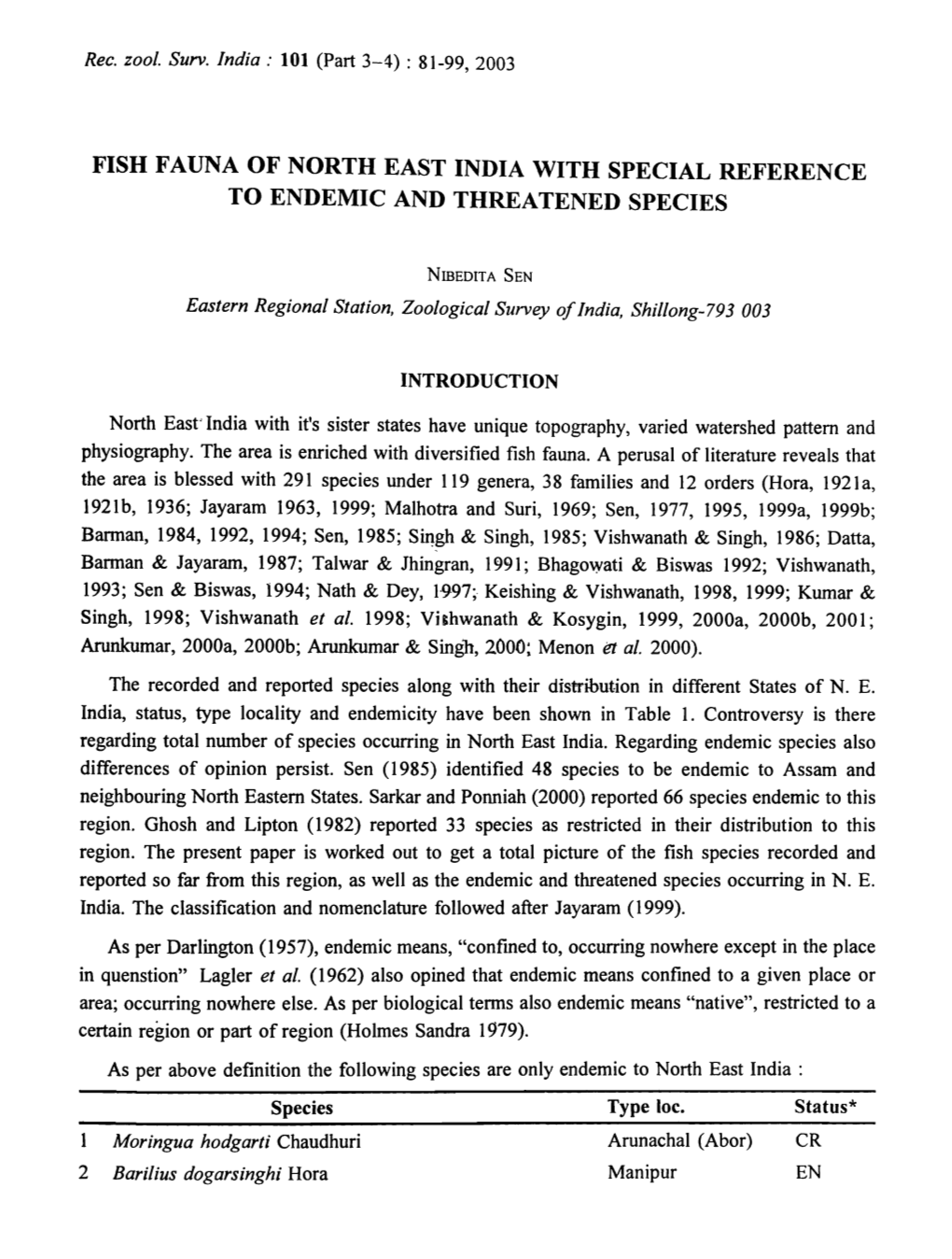 Fish Fauna of North East India with Special Reference to Endemic and Threatened Species