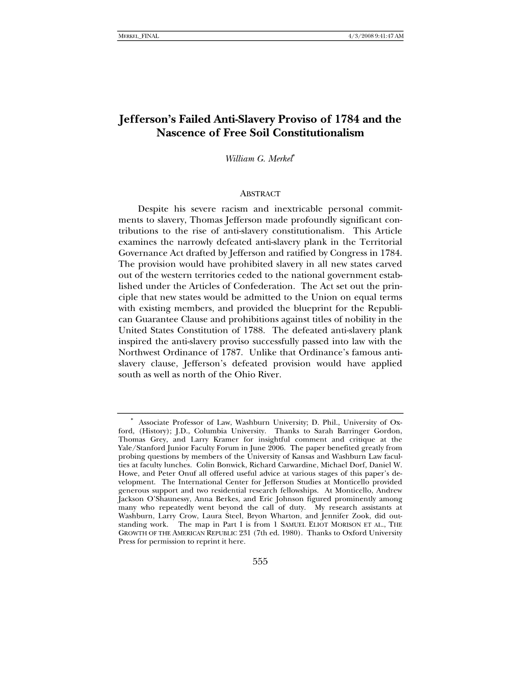 Jefferson's Failed Anti-Slavery Priviso of 1784 and the Nascence of Free Soil Constitutionalism