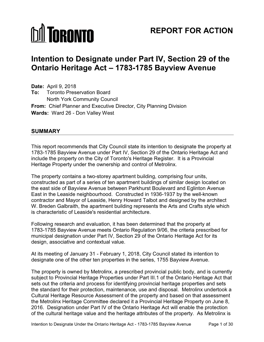 Intention to Designate Under Part IV, Section 29 of the Ontario Heritage Act – 1783-1785 Bayview Avenue