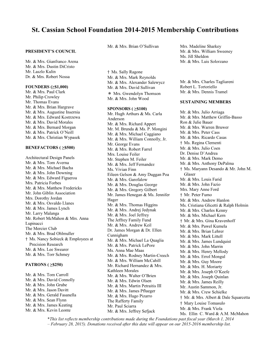 St. Cassian School Foundation 2014-2015 Membership Contributions