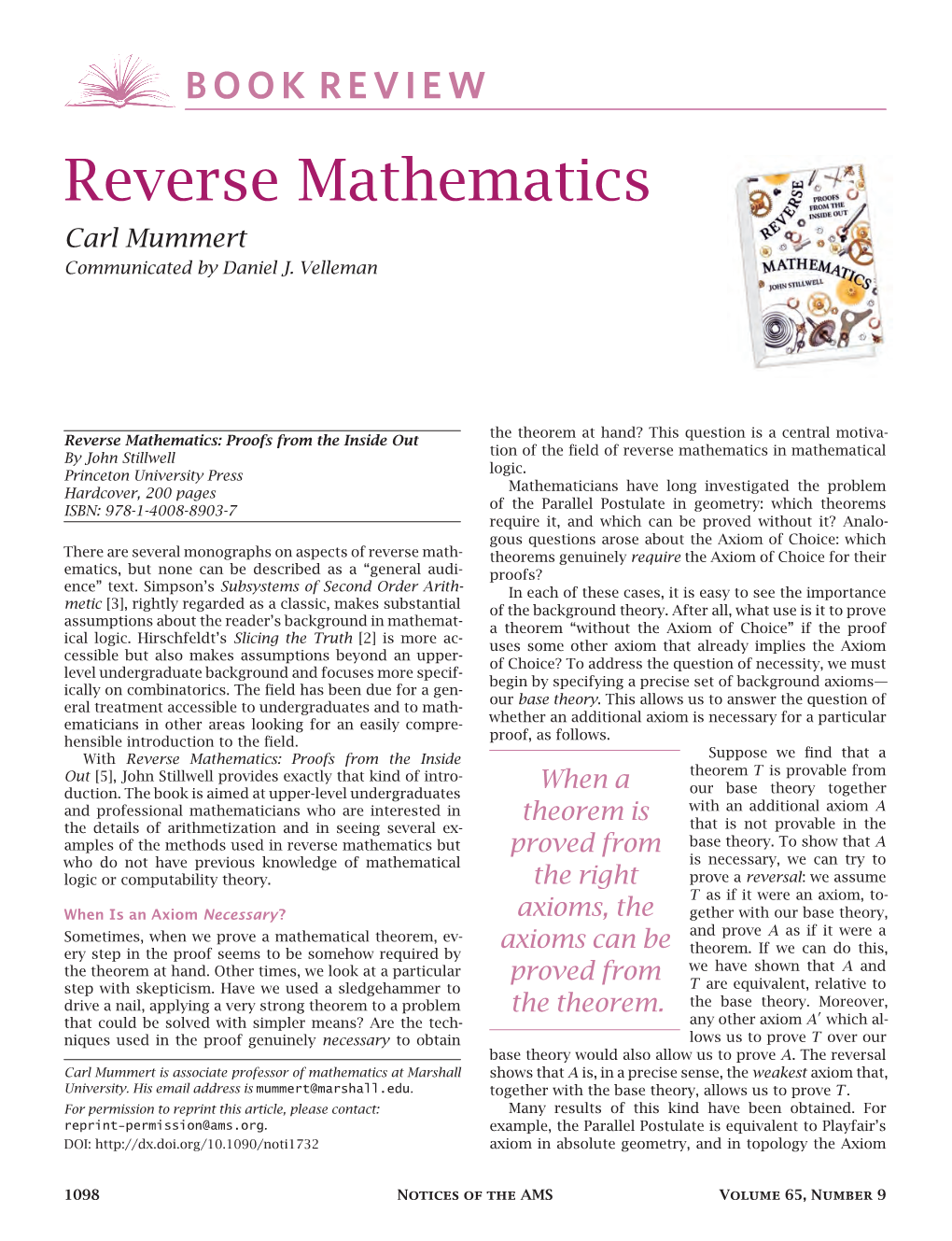 Reverse Mathematics Carl Mummert Communicated by Daniel J