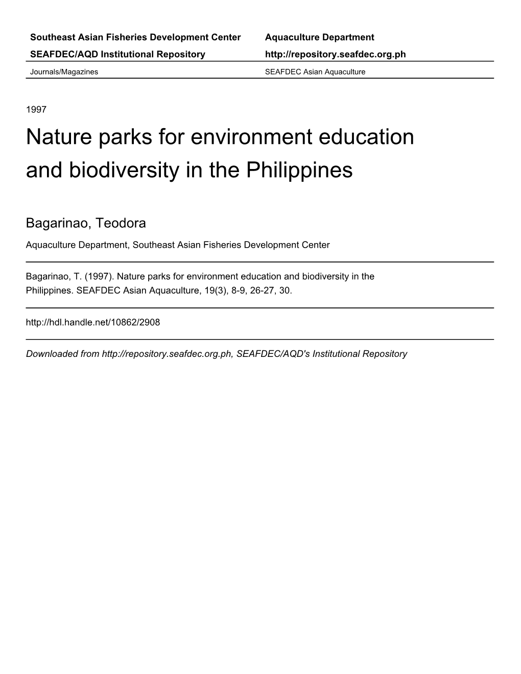Nature Parks for Environment Education and Biodiversity in the Philippines