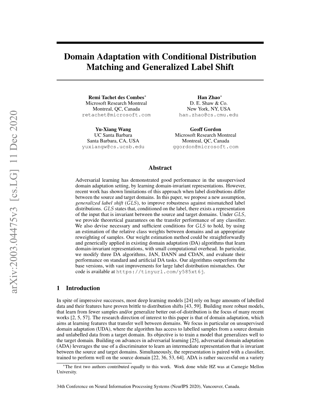 Domain Adaptation with Conditional Distribution Matching and Generalized Label Shift
