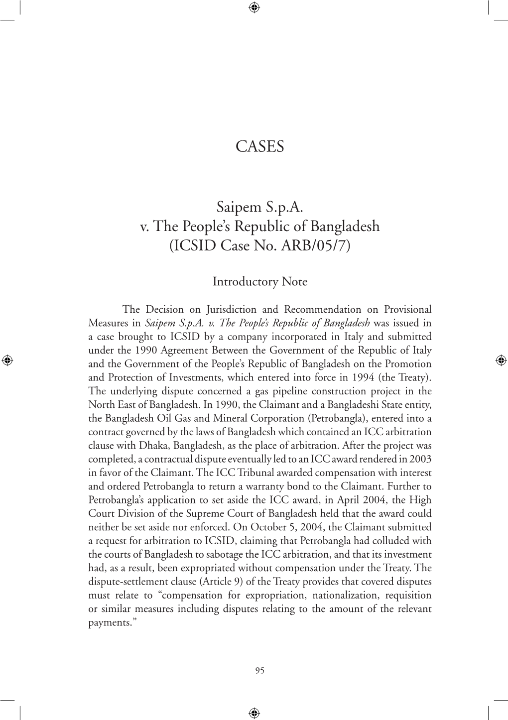 Saipem S.P.A. V. the People's Republic of Bangladesh (ICSID