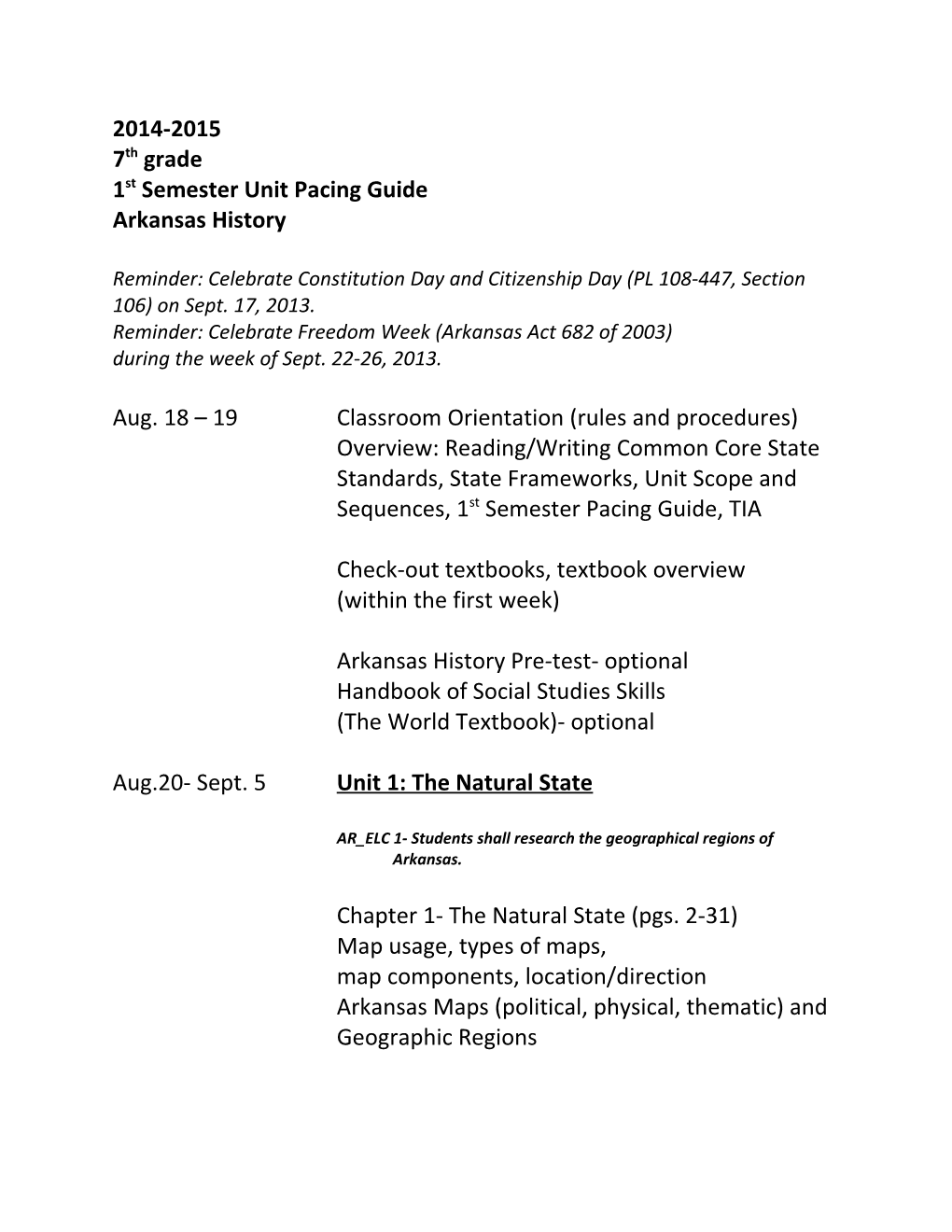 1St Semester Unit Pacing Guide