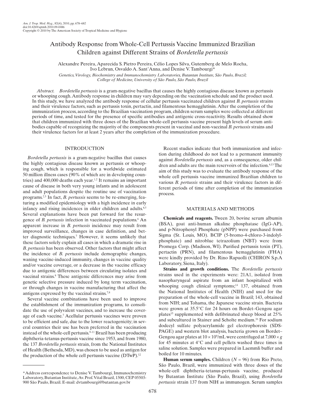 Antibody Response from Whole-Cell Pertussis Vaccine Immunized Brazilian Children Against Different Strains of Bordetella Pertussis