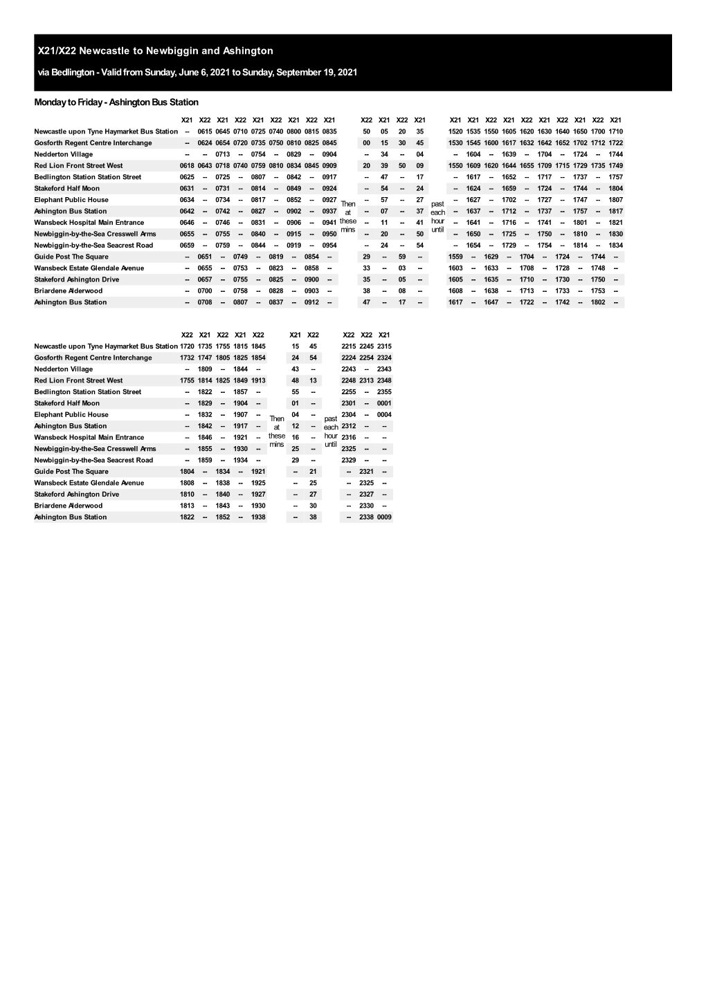 X21/X22 Newcastle to Newbiggin and Ashington Via Bedlington - Valid from Sunday, June 6, 2021 to Sunday, September 19, 2021