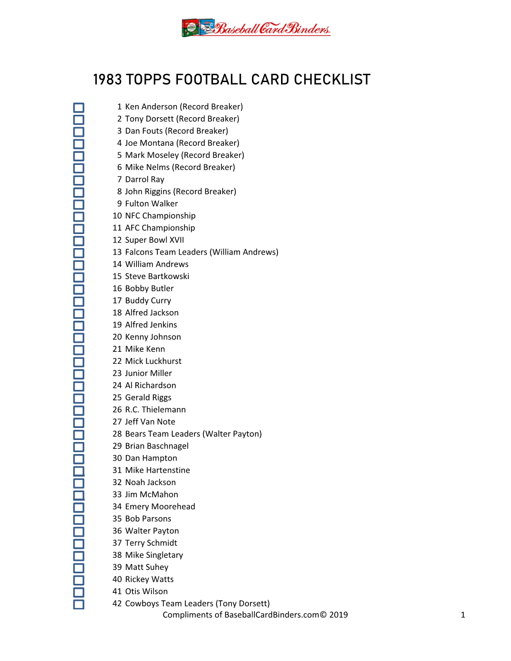 1983 Topps Football Card Checklist