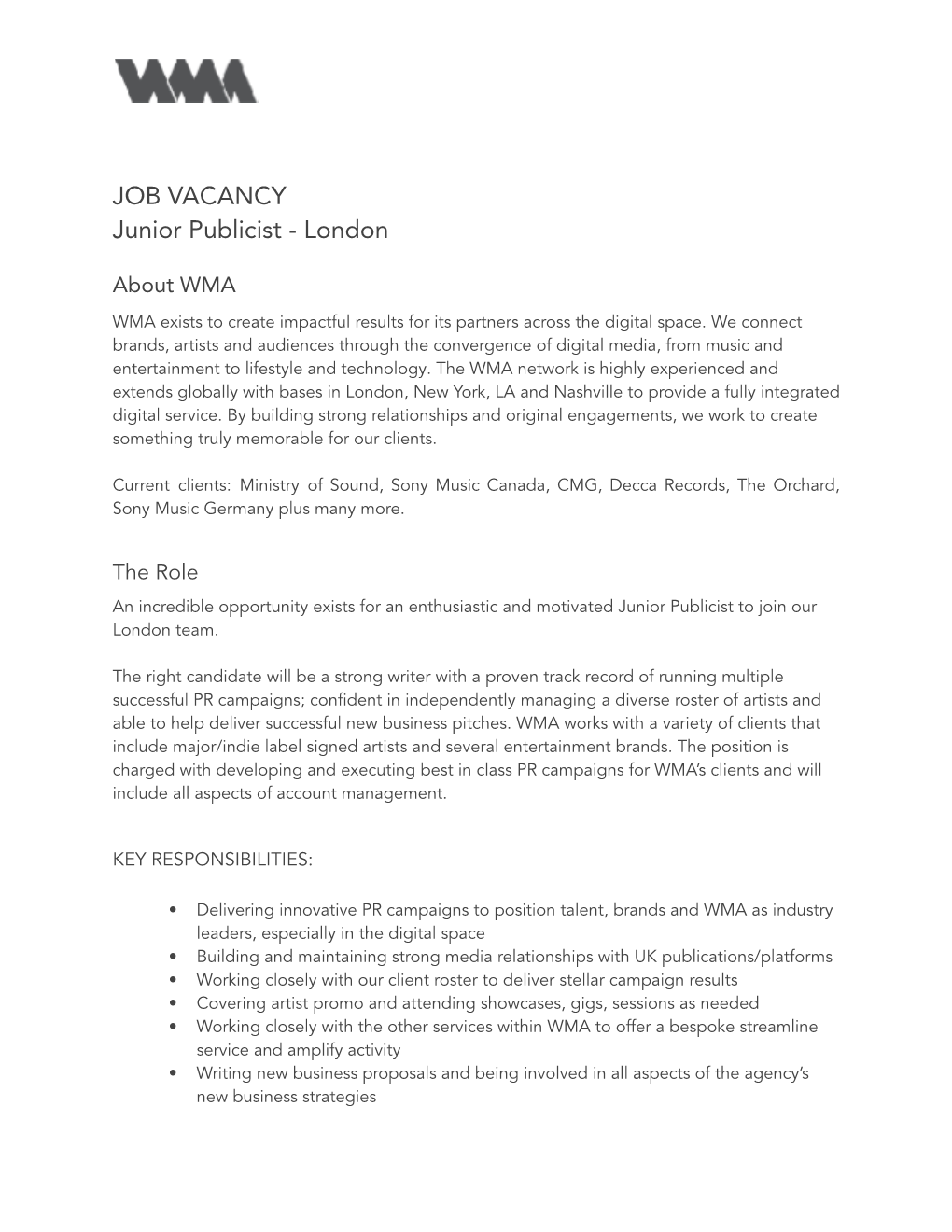 London Junior Publicist Job Spec