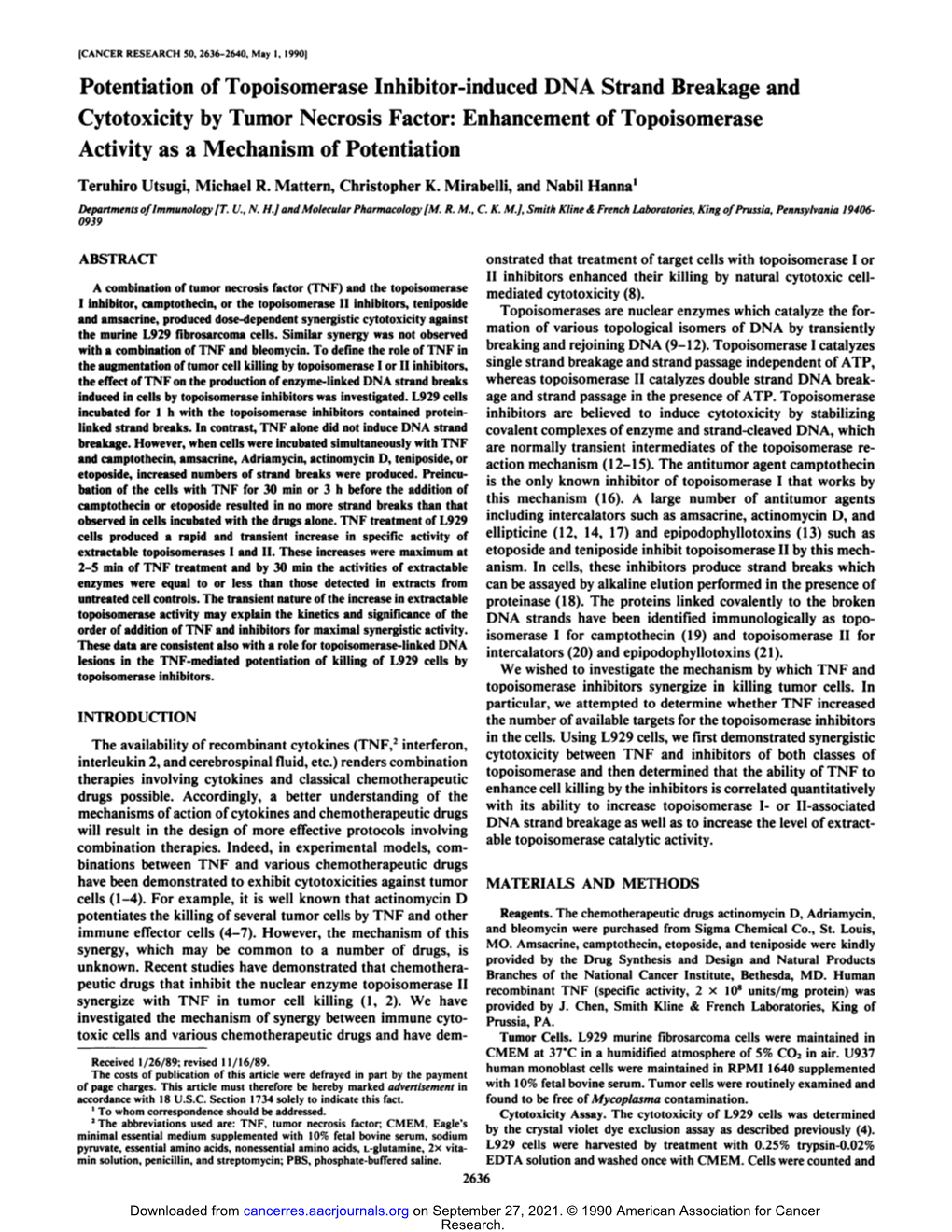 Potentiation of Topoisomerase Inhibitor-Induced DNA Strand Breakage and Cytotoxicity by Tumor Necrosis Factor: Enhancement of To