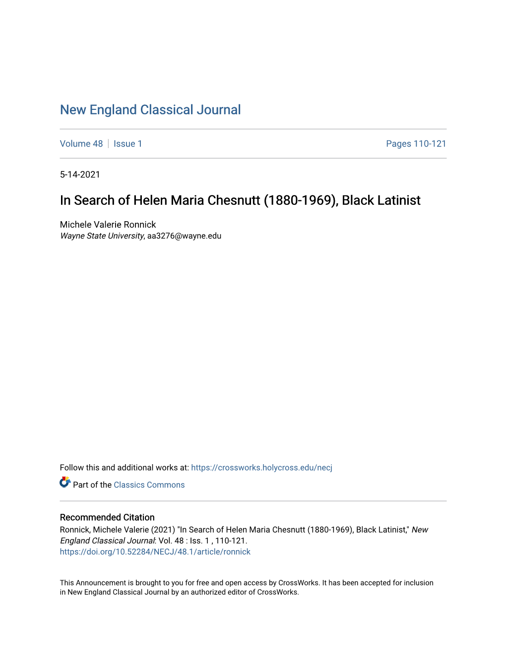 In Search of Helen Maria Chesnutt (1880-1969), Black Latinist