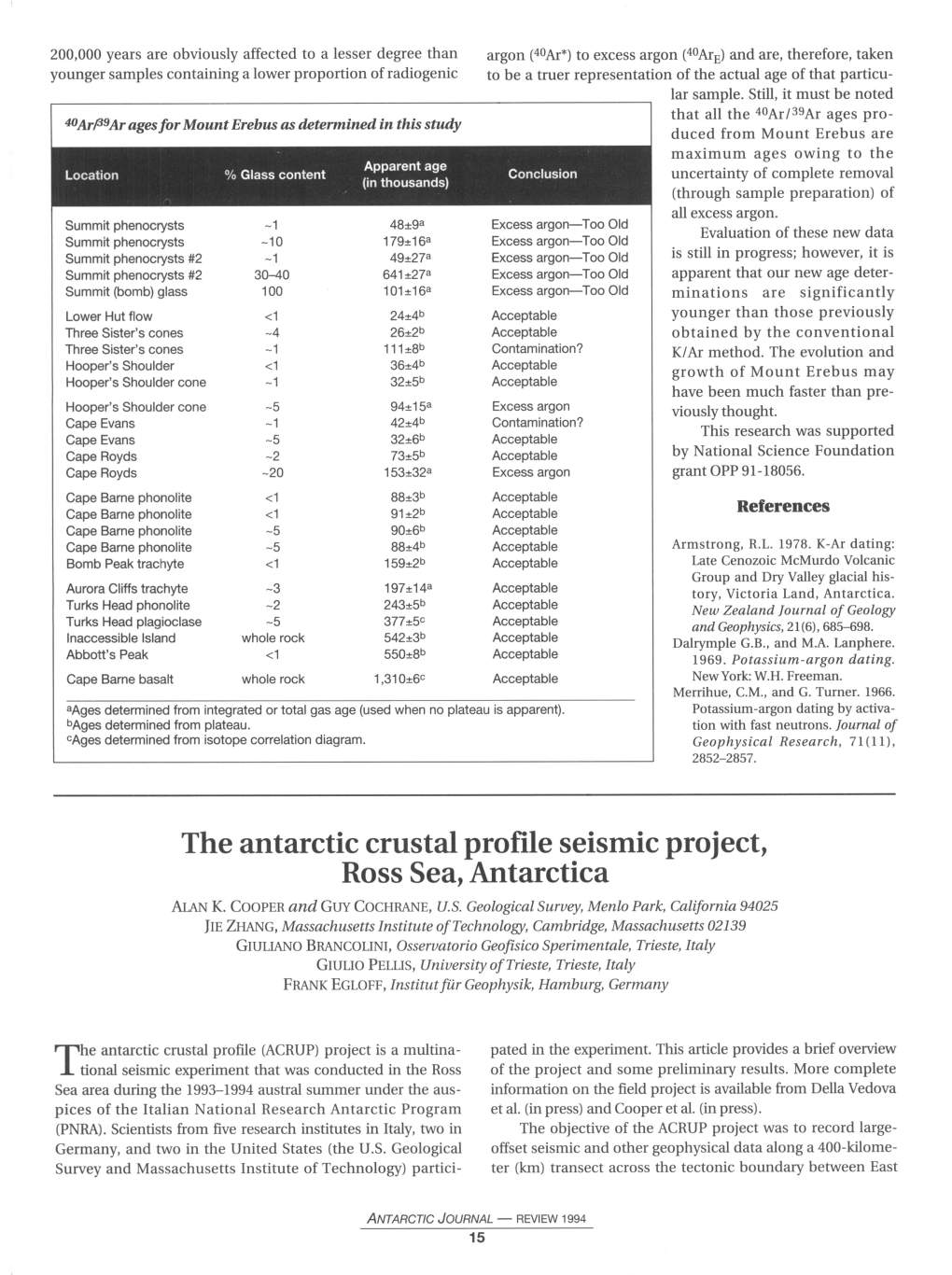 The Antarctic Crustal Profile Seismic Project, Ross Sea, Antarctica ALAN K