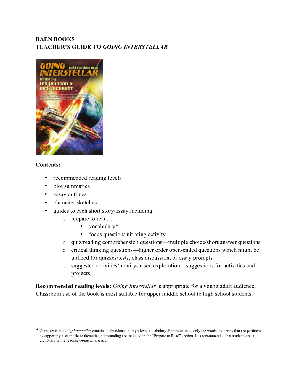 BAEN BOOKS TEACHER's GUIDE to GOING INTERSTELLAR Contents