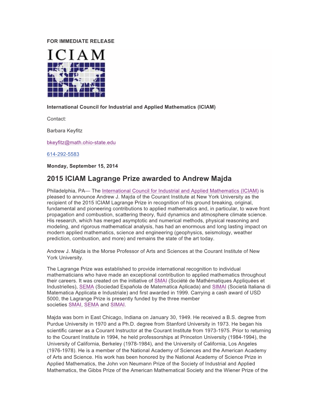 2015 ICIAM Lagrange Prize Awarded to Andrew Majda