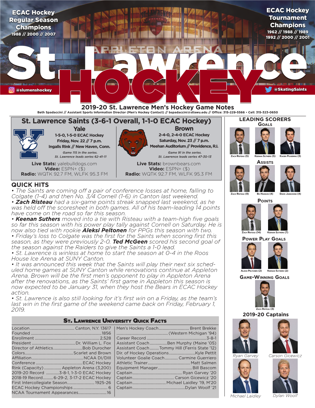 St. Lawrence Saints (3-6-1 Overall, 1-1-0 ECAC Hockey) Goals Yale Brown 1-5-0, 1-5-0 ECAC Hockey 2-4-0, 2-4-0 ECAC Hockey Friday, Nov