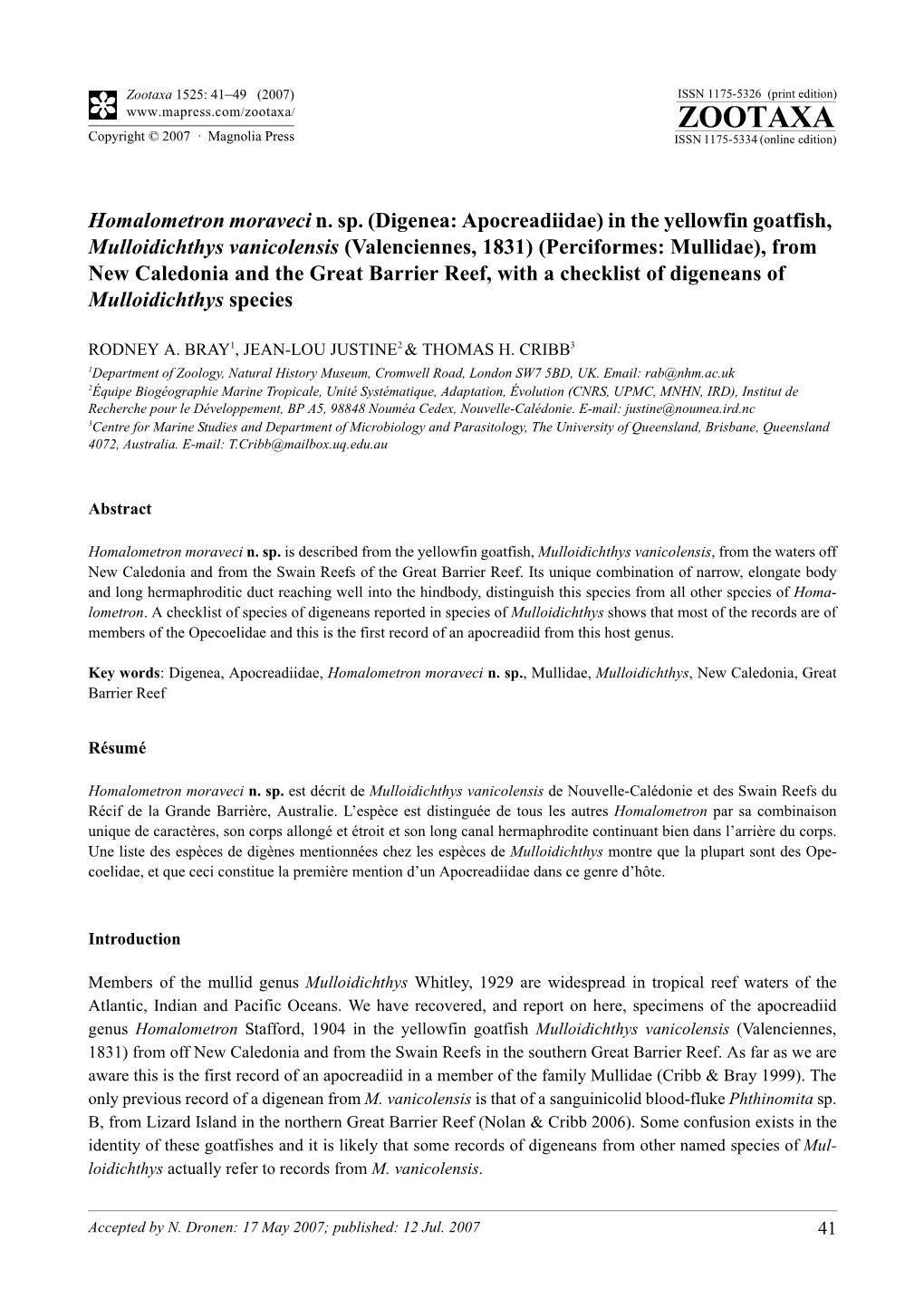 Zootaxa,Homalometron Moraveci N. Sp. (Digenea: Apocreadiidae) in The