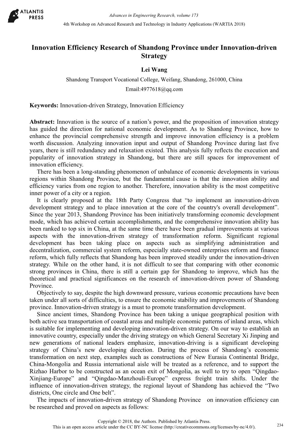 Innovation Efficiency Research of Shandong Province Under Innovation-Driven Strategy