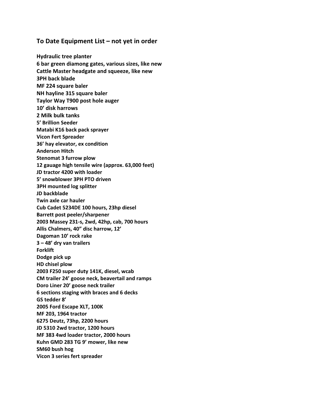 To Date Equipment List Not Yet in Order
