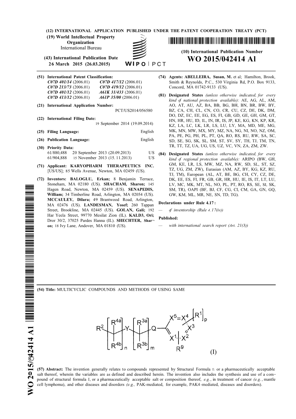 WO 2015/042414 Al 26 March 2015 (26.03.2015) P O P C T