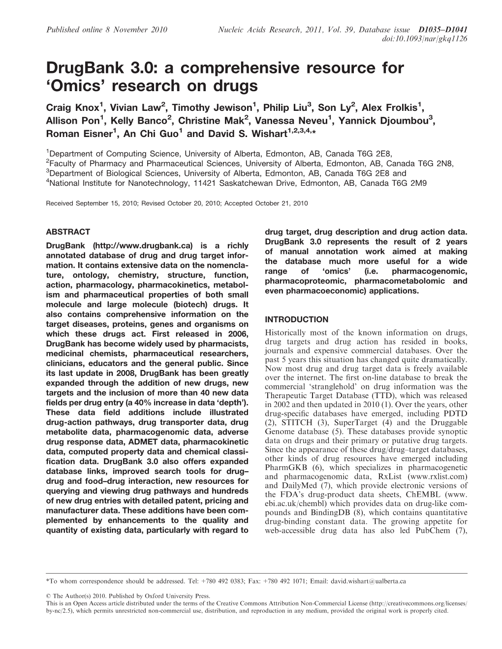 Drugbank 3.0: a Comprehensive Resource for 'Omics' Research On