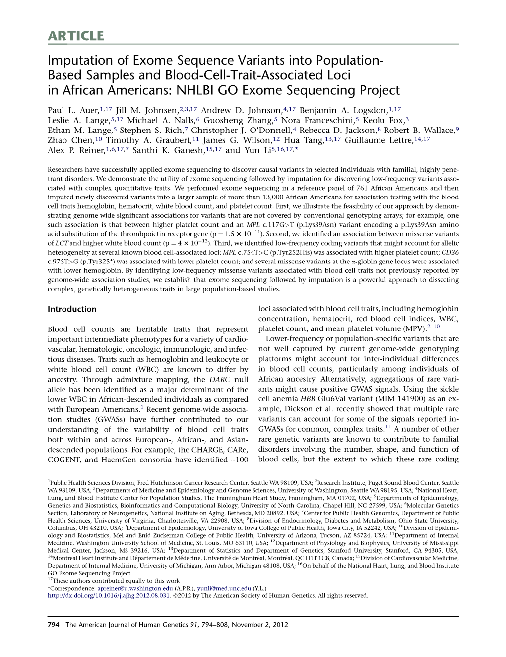 Imputation of Exome Sequence Variants Into Population- Based Samples and Blood-Cell-Trait-Associated Loci in African Americans: NHLBI GO Exome Sequencing Project