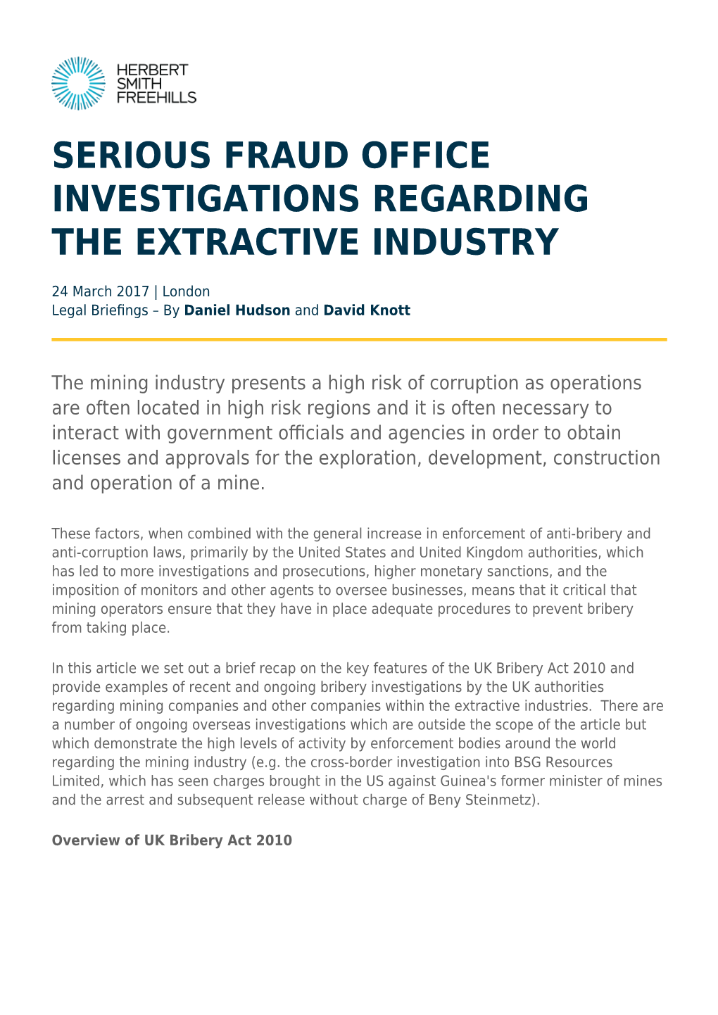 Serious Fraud Office Investigations Regarding the Extractive Industry