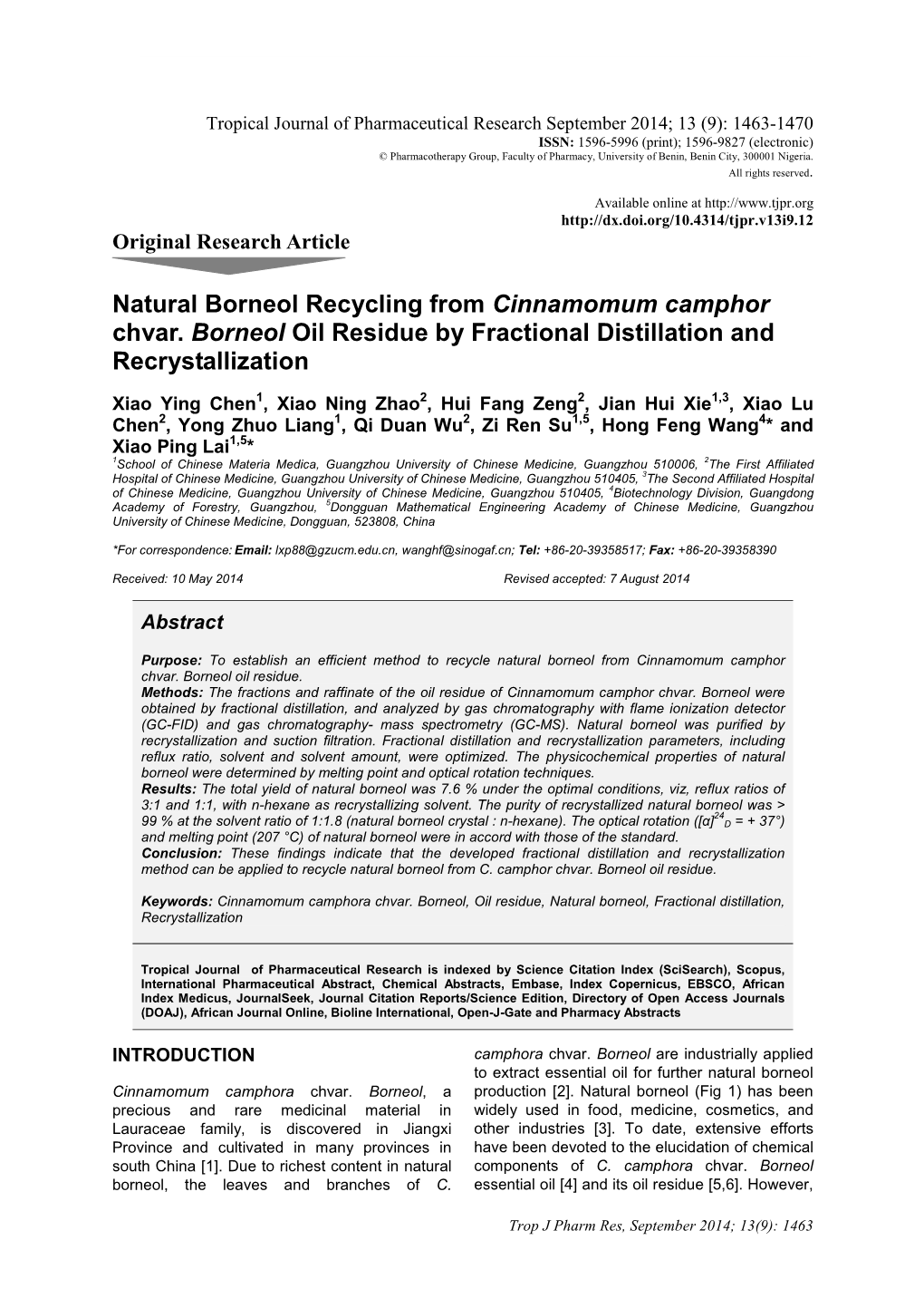 Natural Borneol Recycling from Cinnamomum Camphor Chvar