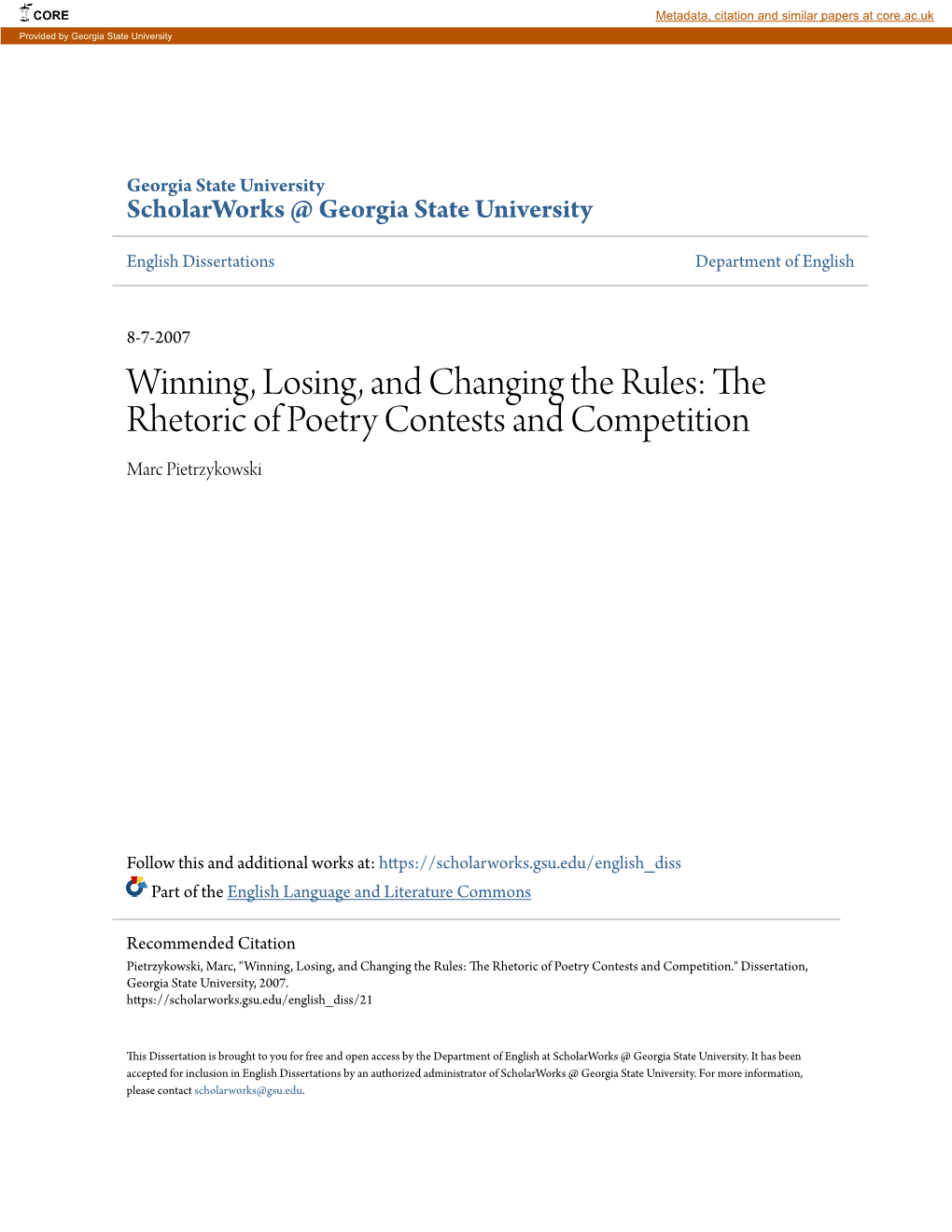 The Rhetoric of Poetry Contests and Competition Marc Pietrzykowski