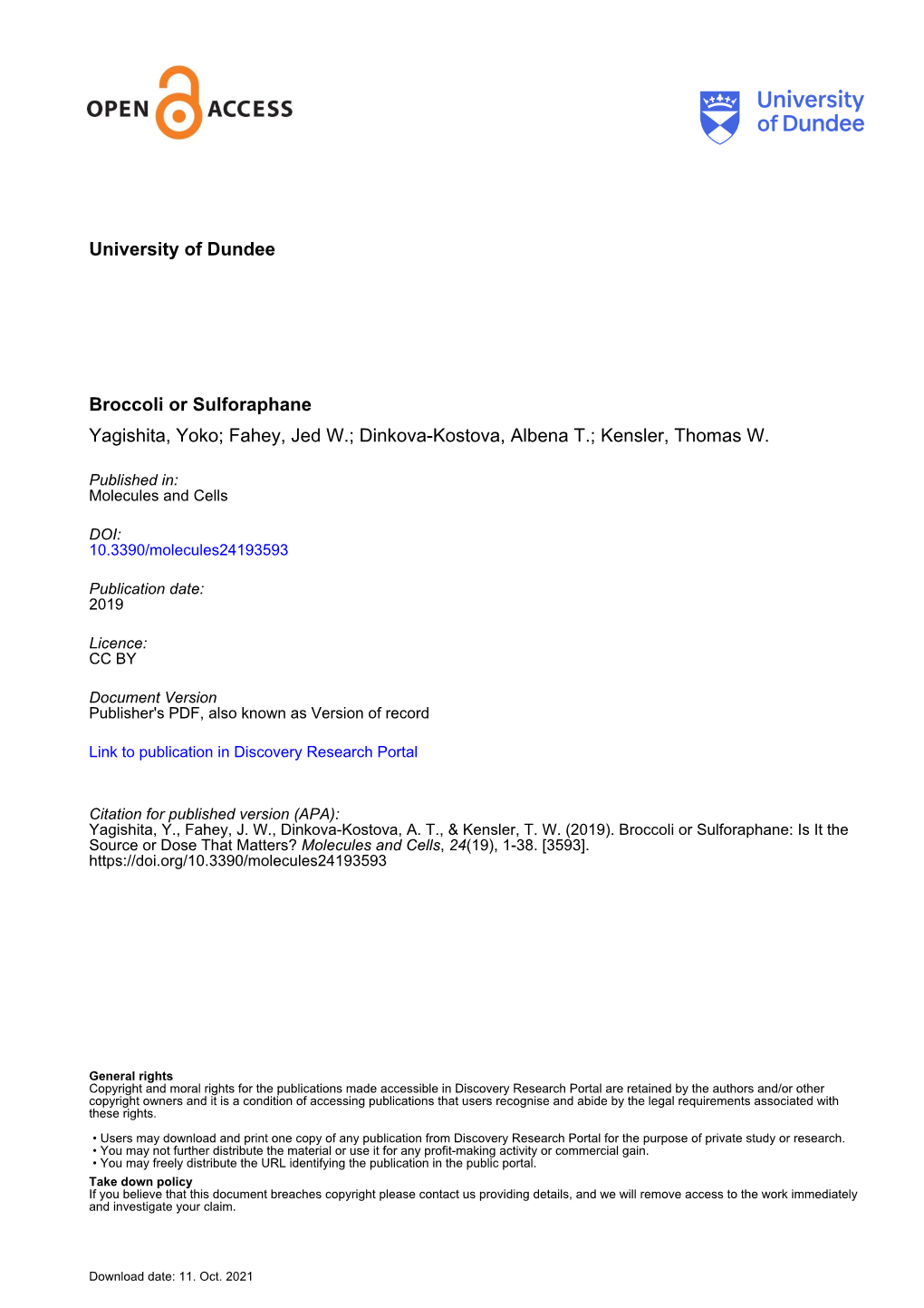 Broccoli Or Sulforaphane: Is It the Source Or Dose That Matters? Molecules and Cells, 24(19), 1-38