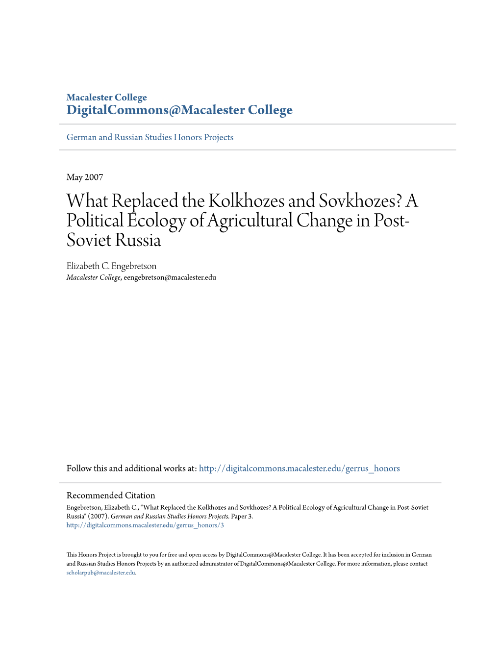 A Political Ecology of Agricultural Change in Post-Soviet Russia