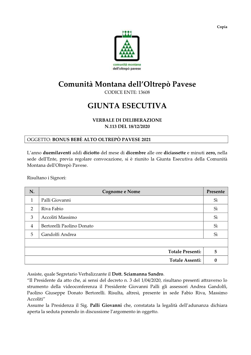 Comunità Montana Dell'oltrepò Pavese GIUNTA