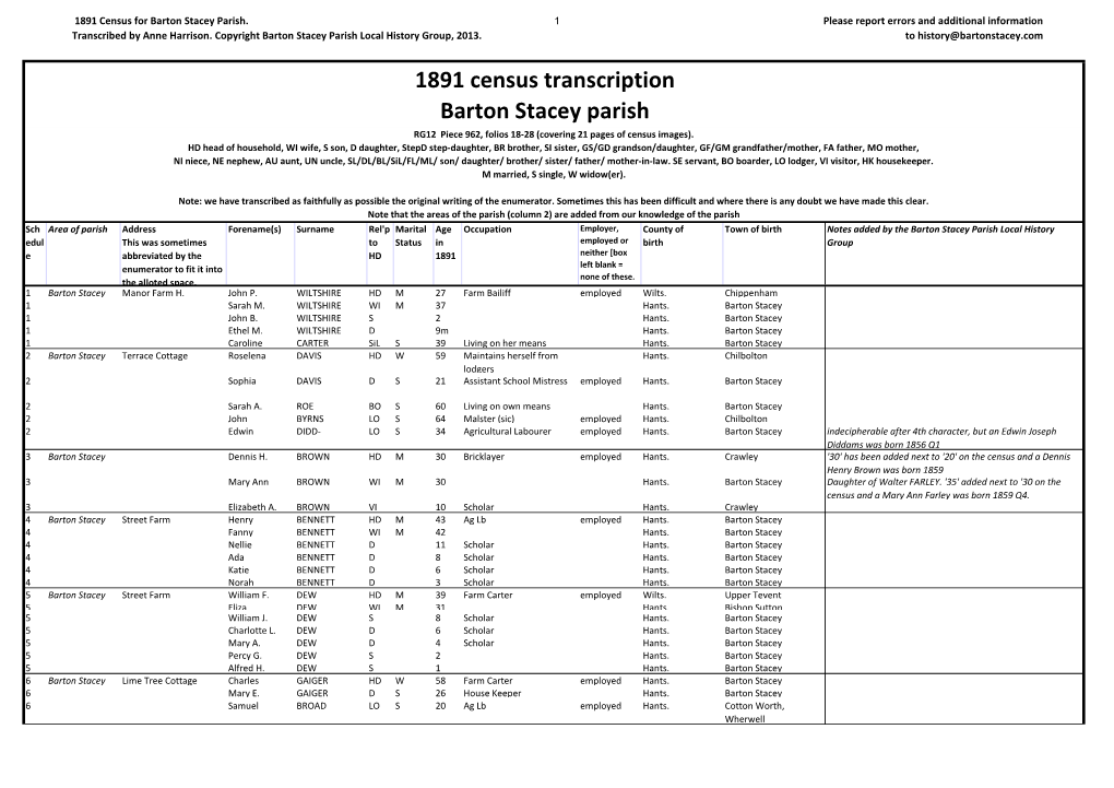 1891 Census Transcription Barton Stacey Parish RG12 Piece 962, Folios 18-28 (Covering 21 Pages of Census Images)