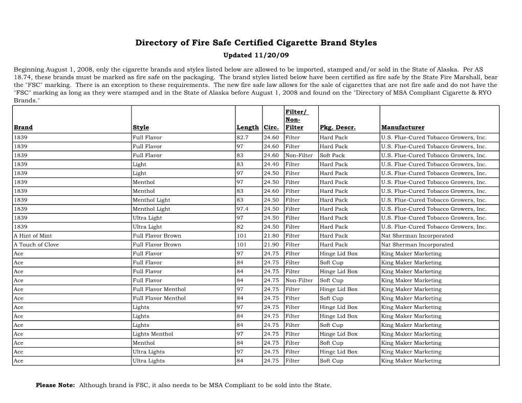 Directory of Fire Safe Certified Cigarette Brand Styles Updated 11/20/09