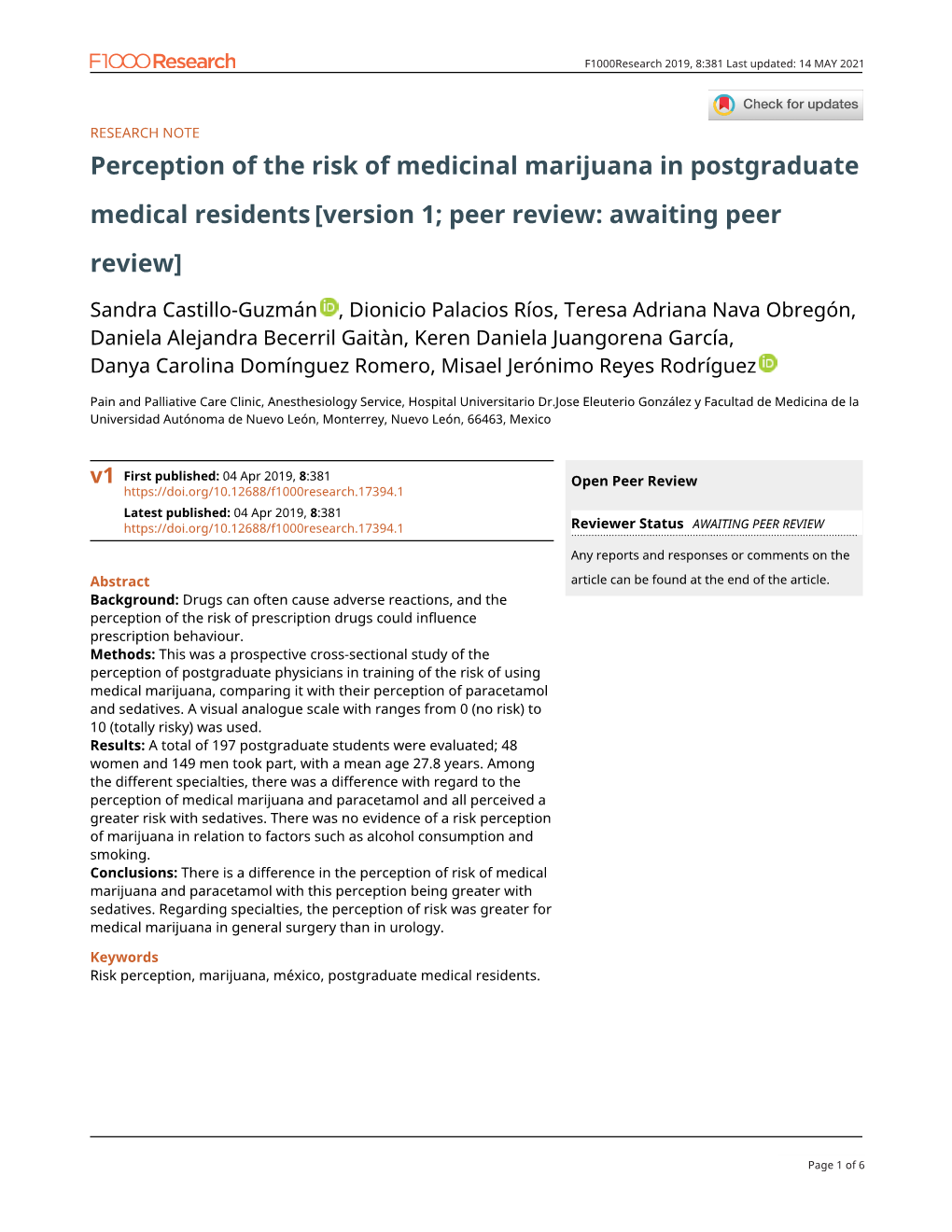 Perception of the Risk of Medicinal Marijuana in Postgraduate Medical Residents[Version 1; Peer Review: Awaiting Peer Review]