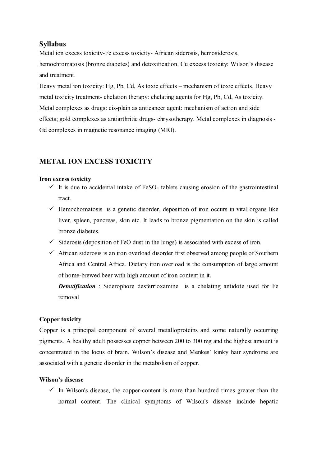 Syllabus METAL ION EXCESS TOXICITY